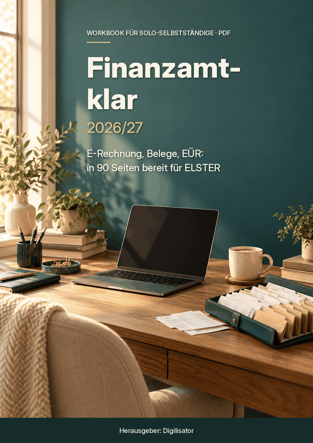 Cover des E-Books Finanzamt-klar 2026/27: Schreibtisch vor petrolfarbener Wand, Unterzeile E-Rechnung, Belege, EÜR: in 90 Seiten bereit für ELSTER